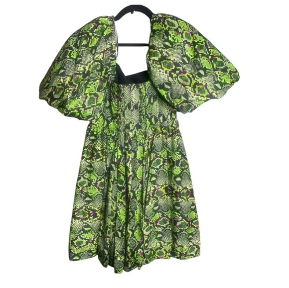Aje Green Multicolor The Serpentine Corset Print Mini Puff Sleeve Dress 12  L - threedaughtersproperties.com